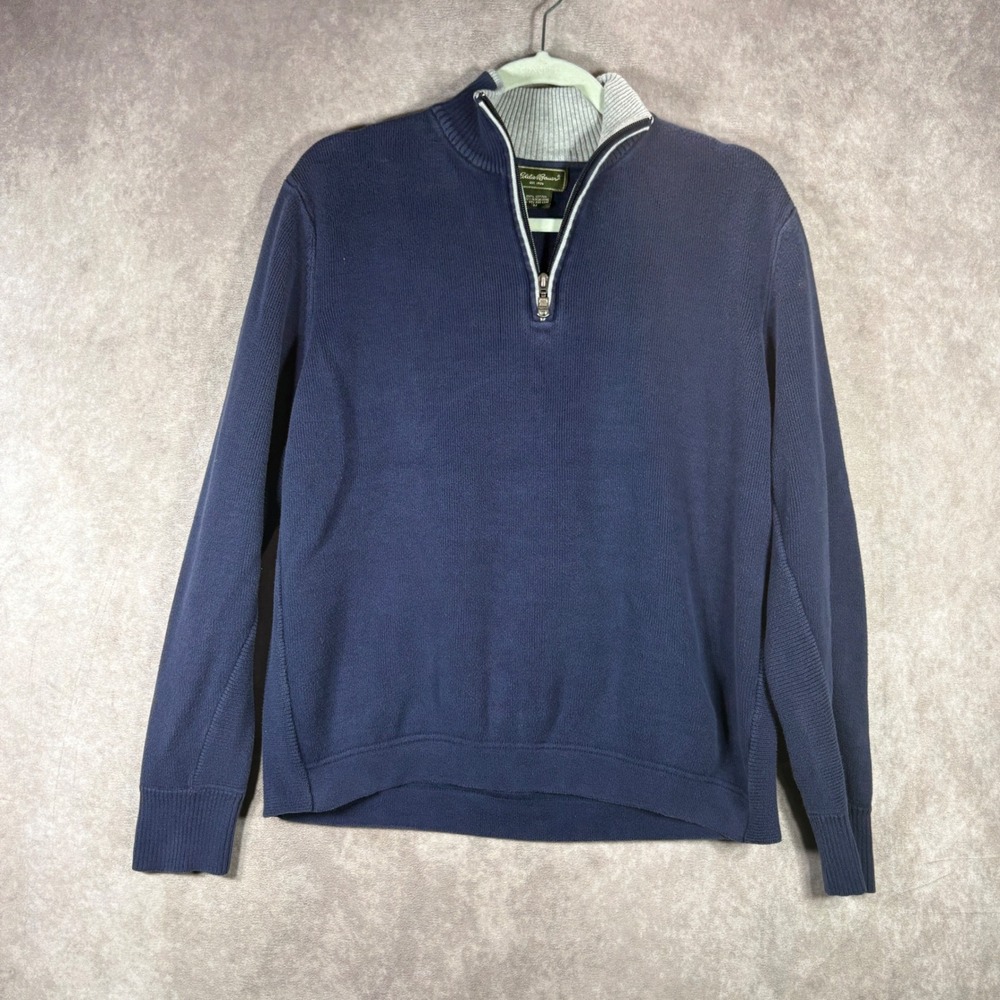 Vintage Eddie Bauer Sweater Men M Blue Quarter Zip Pullover Cotton Hong Kong 90s